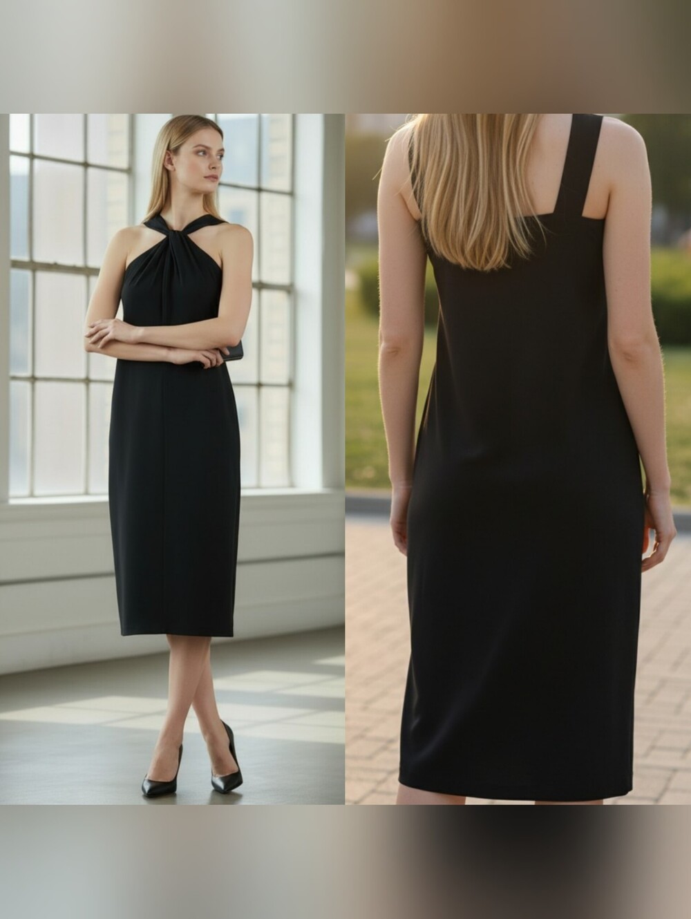 Clara Sun Woo small Grecian halter midi sheath dress black pullover stretch